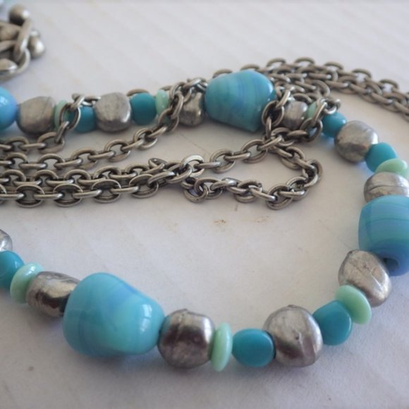 Vintage Long Blue Glass Faux Turquoise Chain KIEN Necklace - Picture 5 of 5